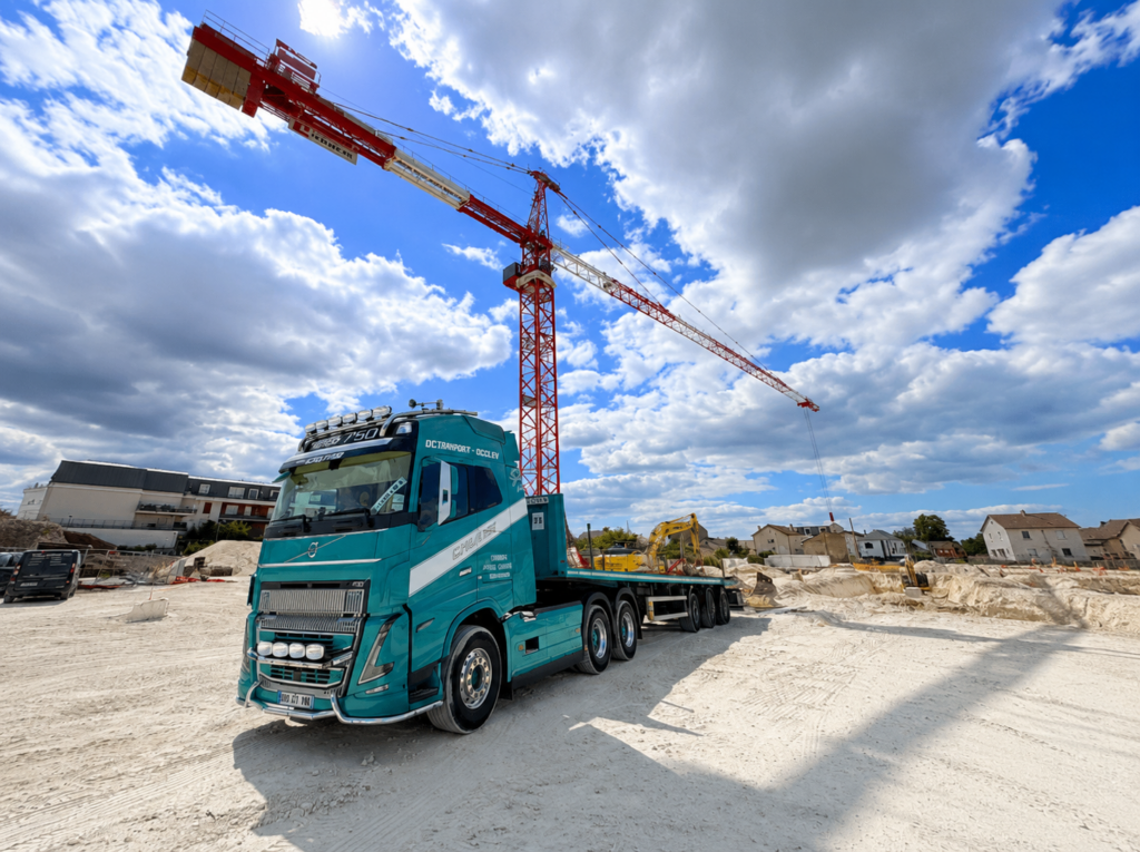 Camion de transport Groupe Cauvas Occilev acheminant une grue à tour sur chantier