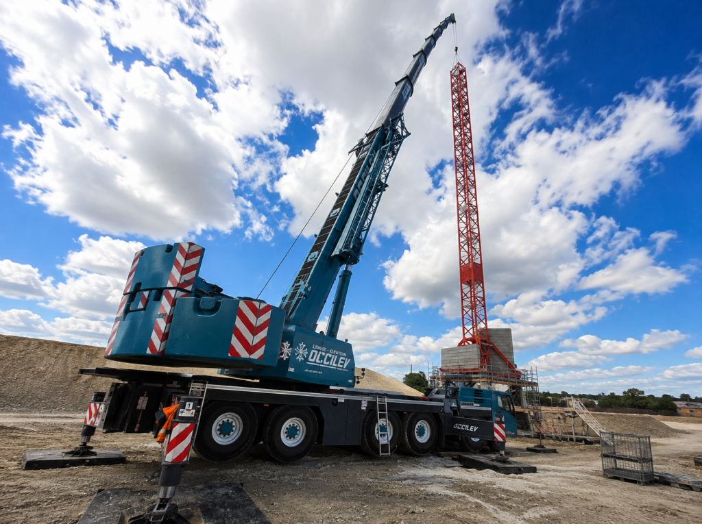 Grue mobile Liebherr bleue équipée d'une longue flèche télescopique, installée sur un chantier de construction face à une structure métallique rouge, sous un ciel nuageux et lumineux.